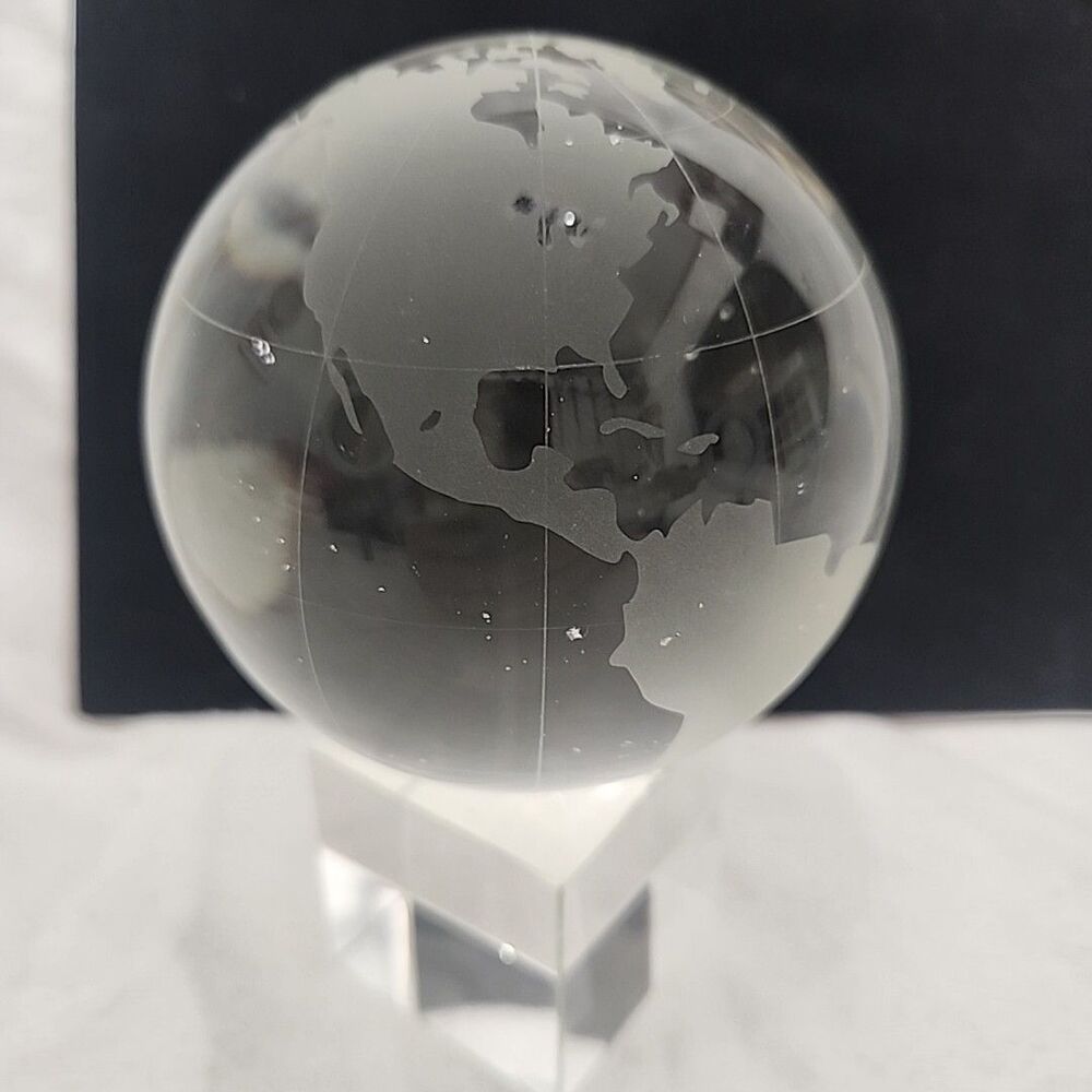 Glass Globe On Glass Cube 4" Earth World Etched Clear Paperweight Decoration